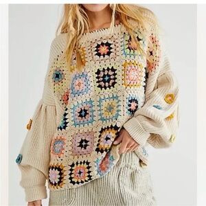 Free people Ambrose crochet sweater pullover granny square dropped sleeve